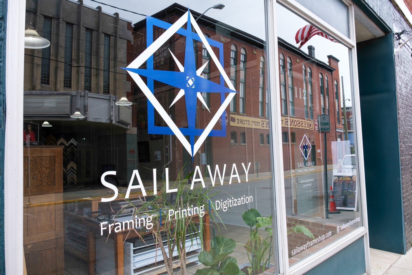 Sail Away Frame Shop storefront on Poindexter Street, Elizabeth City